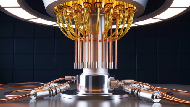 A futuristic quantum computer featuring intricate wiring and a metallic base, showcasing advanced technology in a sleek dark environment.