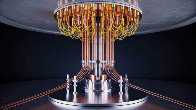 A futuristic quantum computing device featuring intricate copper wiring and sleek design, showcasing advanced technology and innovation.