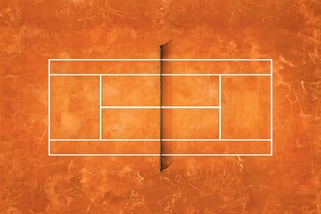 Top-down view of an empty outdoor tennis court with orange surface and white boundary lines.