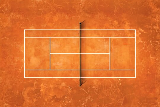 Top-down view of an empty outdoor tennis court with orange surface and white boundary lines.