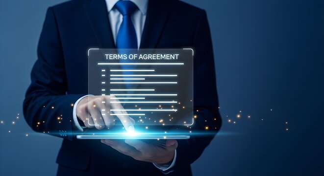 Business person reviewing terms of agreement on a digital tablet with glowing effects