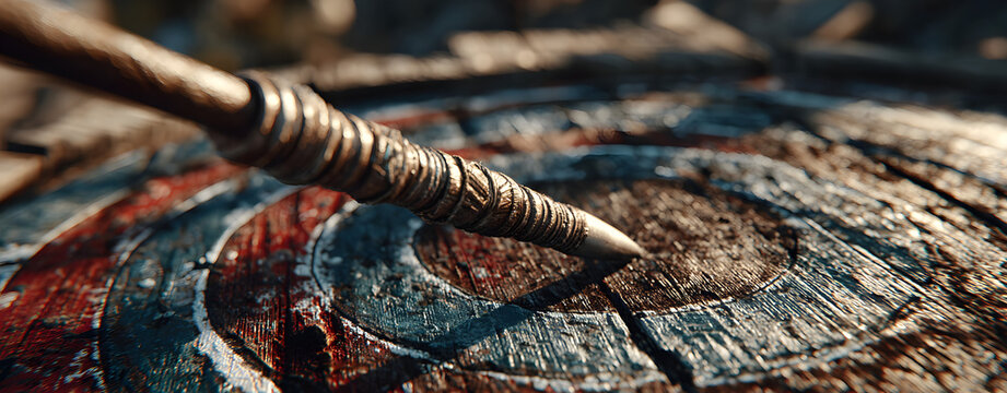 The striking target with an arrow embedded in its bullseye on rustic wood.