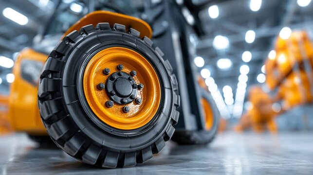 Nahaufnahme des gro&szlig;en schwarzen Reifens eines gelben Gabelstaplers in einer industriellen Lagerhalle.