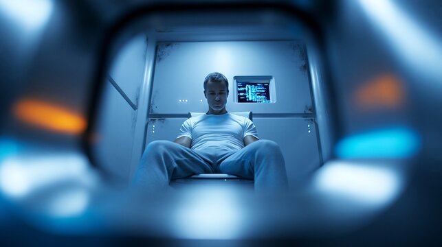 Mann sitzt allein in dunklem Raum mit blauem Neonlicht, Science-Fiction-Atmosph&auml;re