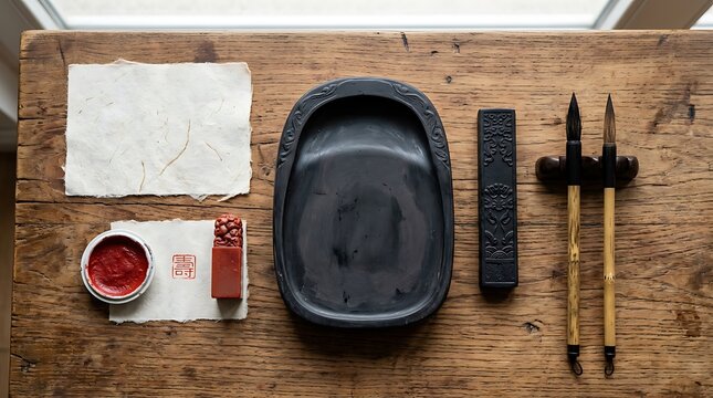 A traditional chinese calligraphy setup with tools and materials on a wooden table on a sunny day to practice the ancient language.