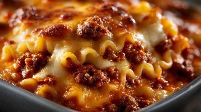 Gebackene Lasagne mit goldbraunem K&auml;se, Tomatenso&szlig;e und Kr&auml;utern in einer wei&szlig;en Backform.