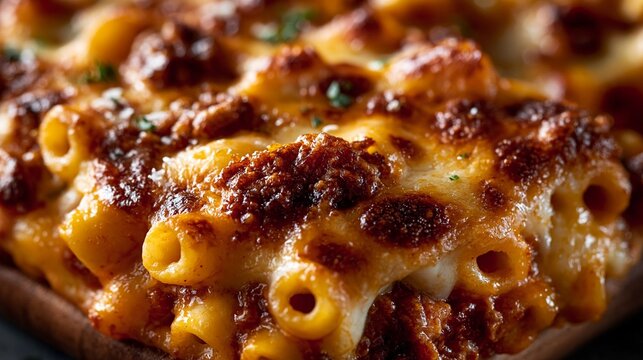 &Uuml;berbackene Makkaroni mit Hackfleisch und K&auml;se in einer Backform, rustikales Ofengericht