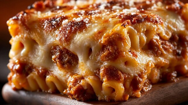 &Uuml;berbackene Makkaroni mit Hackfleisch und K&auml;se in einer Backform, rustikales Ofengericht