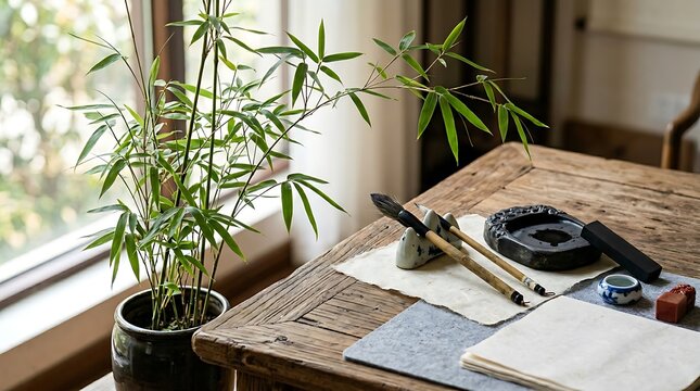 A person practices chinese calligraphy on a wooden desk by the window on a sunny day with language books and a bamboo plant nearby.