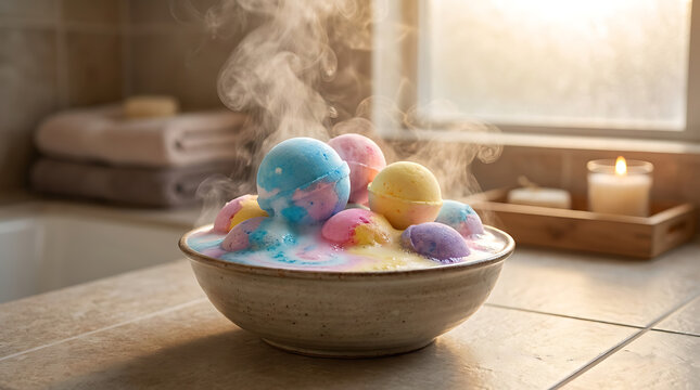 Colorful bath bombs dissolving in steamy water within a rustic bowl for ultimate relaxation and self care