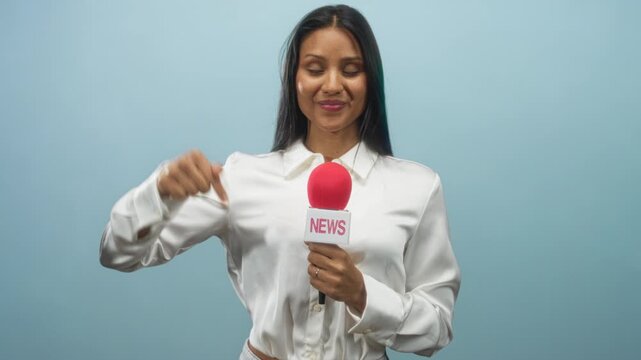 Woman reporter in white blouse holding red microphone and points finger down toward mic in studio; confident announcement.