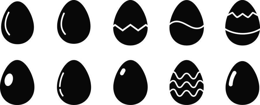 Collection of black egg vector icons with diverse decorative patterns, silhouettes, and Easter designs for seasonal, holiday, and commercial graphic illustration projects