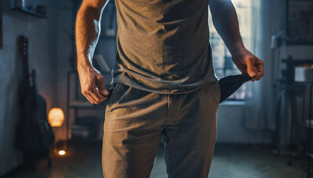 Young man showing empty pocket at home, symbolizing financial stress, lack of money, budgeting problems and personal finance struggle in modern lifestyle with soft cinematic lighting scene