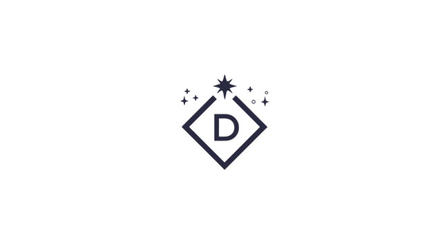 Elegant letter D initial in a geometric diamond shape with a sparkling star. Minimalist graphic design element.