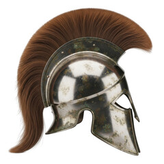 Obraz premium Ancient greek warrior helmet with red plume and golden cheek pieces isolated on transparent background