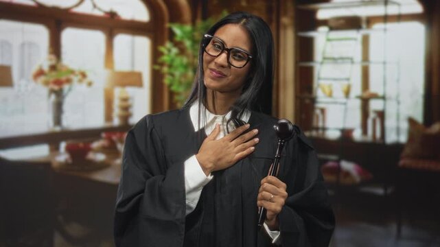 Woman judge in black robe holding gavel with hand on chest in building interior, smiling and speaking with sincere warmth; pride duty.