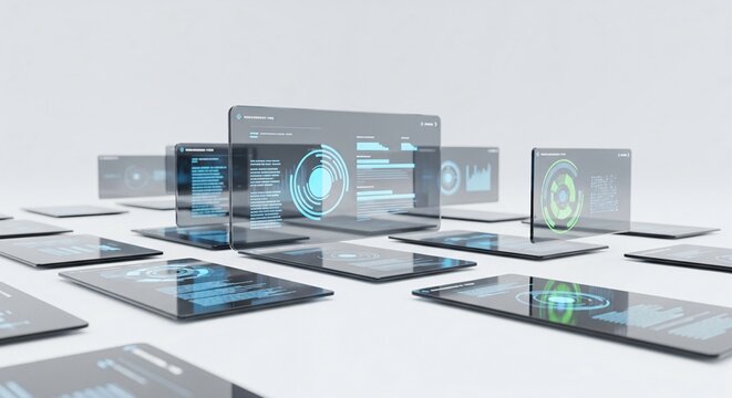 Futuristic transparent screens displaying data graphs and text on a white background