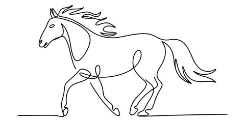 Minimalist continuous line drawing of a galloping horse with flowing mane and tail © Tona Drawing Gallery