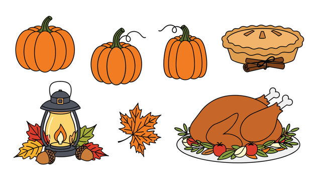 Traditional Thanksgiving set featuring roasted turkey, pumpkin pie, autumn leaves, a lantern, and orange pumpkins for celebration.