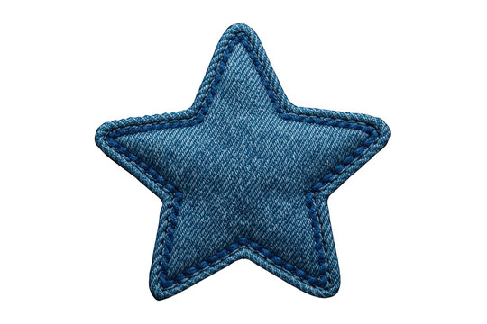 Denim star patch made from blue jean fabric with stitching, isolated object on a transparent background