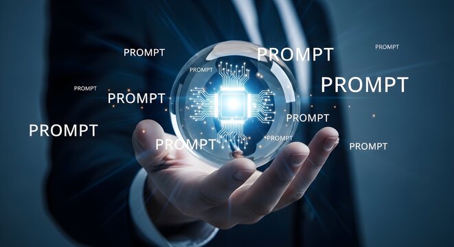 Hand holding a glowing crystal ball with the word PROMPT repeated around it, symbolizing AI and digital technology