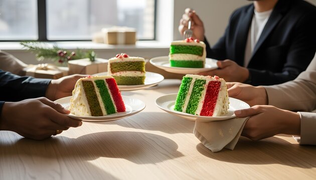 Coworkers sharing cake slices during a festive office party celebration for an employee appreciation and holiday spirit concept with colorful dessert on a sunny wooden table