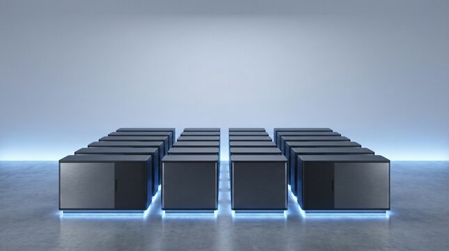 Rows of dark server racks with blue illuminated bases in a modern sterile room
