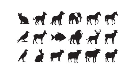 Fototapeta premium Animal silhouettes collection featuring wild and domestic creatures on white background vector illustration.