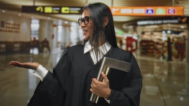 Woman judge holding law books and presenting palm up gesture in crowded airport terminal; confidence success.