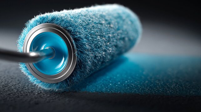Blauer Malerroller mit Farbe auf dunklem Untergrund &ndash; Nahaufnahme eines Heimwerker-Werkzeugs