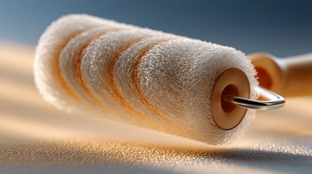 Nahaufnahme einer Farbrolle, die goldgelbe Farbe auf eine sandige Oberfl&auml;che auftr&auml;gt. Die Textur der Rolle und die aufgetragene Farbe sind deutlich sichtbar