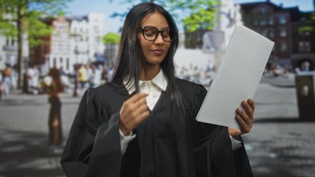 Woman judge wearing black robe and white collar holding document with right hand near mouth on street, reading and considering paper; concentration duty professionalism.