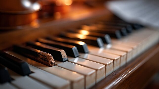 Nahaufnahme von alten Klaviertasten im Gegenlicht &ndash; klassische Musikfotografie in warmen T&ouml;nen