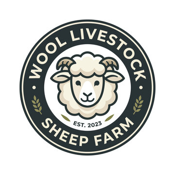 Sheep farm logo with fluffy sheep head in circular badge, simple livestock branding vector.