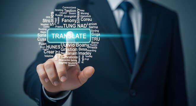 Hand pointing to a cloud of words with the word TRANSLATE highlighted in the center
