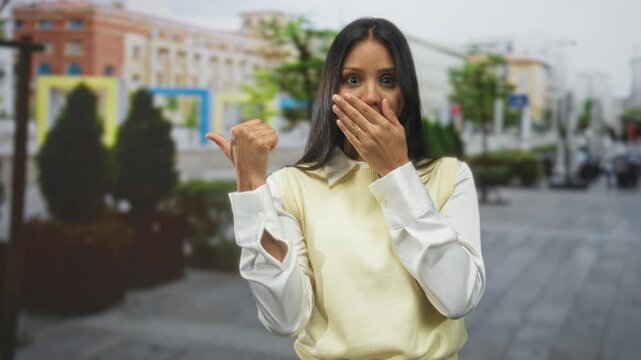 Young woman covers mouth with hand, points thumb behind her, wearing yellow vest and white shirt on street; surprise.