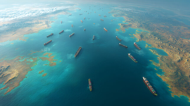 Cargo vessels congestion blocking maritime traffic in the Strait of Hormuz, tankers and container cargo ships clustered. Strategic maritime chokepoint linking the Persian Gulf and and Gulf of Oman 