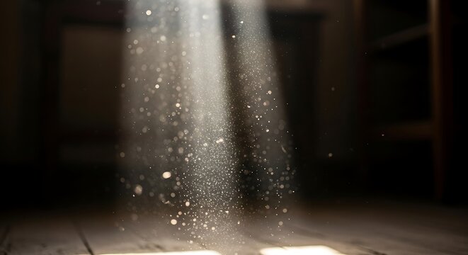 Sunlight Beam Illuminating Floating Dust Particles in a Dark Room