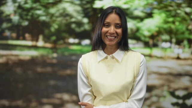 Woman smiling with hand on elbow wearing pale yellow vest and white shirt in forest park setting; calm confidence warmth.