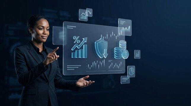African American businesswoman analyzing financial data on futuristic holographic interface display
