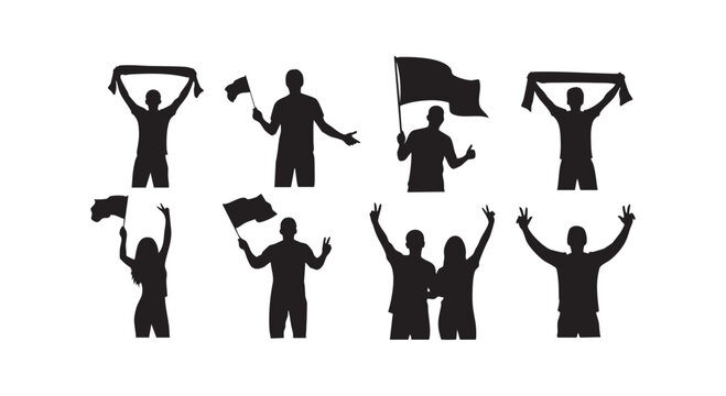 Collection of eight different fan and supporter silhouettes holding flags and scarves, celebrating various events.