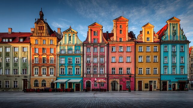 Brightly colored old apartment buildings stand in a line at Old Market Square, within Wroclaw's historic Old Town in Poland.