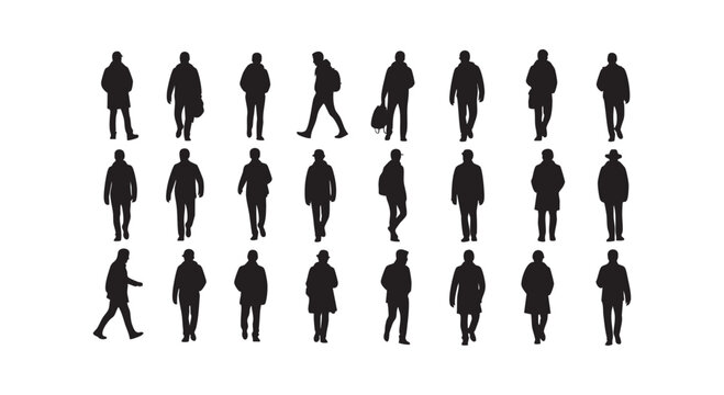 Collection of people walking silhouettes in various winter clothes and coats isolated on white background vector design.