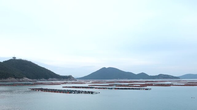 Scenic coastal landscape with abalone farms in the sea of Wando Korea  한국 전라남도 완도 바다의 전복 양식장 풍경
