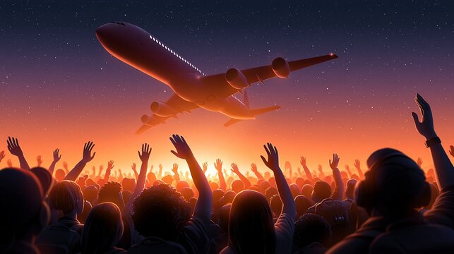 Silhouetten einer jubelnden Menschenmenge mit erhobenen H&auml;nden, ein Flugzeug hebt in den orangefarbenen Abendhimmel ab