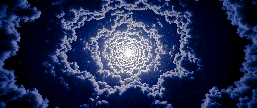 A futuristic space background banner with a surreal, hypnotic eye made of swirling dark blue cloud patterns, sparkling stars, and a luminous bright core. Abstract cosmic sci-fi fantasy sky tunnel 