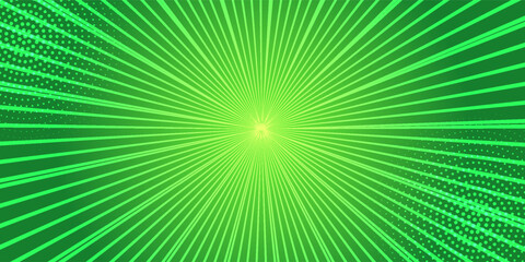 Obraz premium Energetic abstract comic book background featuring a vibrant lime green sunburst with a glowing central focus and dynamic halftone dot patterns. illustration