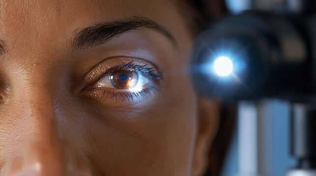 Nahaufnahme einer Frau bei der Augenuntersuchung mit medizinischem Ger&auml;t und hellem Lichtstrahl auf das Auge.