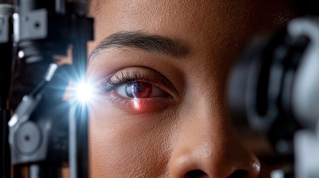 Nahaufnahme einer Frau bei der Augenuntersuchung mit medizinischem Ger&auml;t und hellem Lichtstrahl auf das Auge.