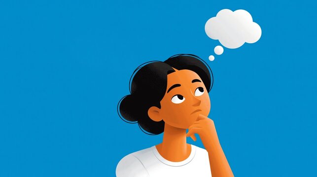 Eine nachdenkliche Frau mit kurzen dunklen Haaren st&uuml;tzt ihr Kinn auf die Hand und blickt nach oben. &Uuml;ber ihr erscheint eine wei&szlig;e Gedankenblase auf intensiv blauem Hintergrund